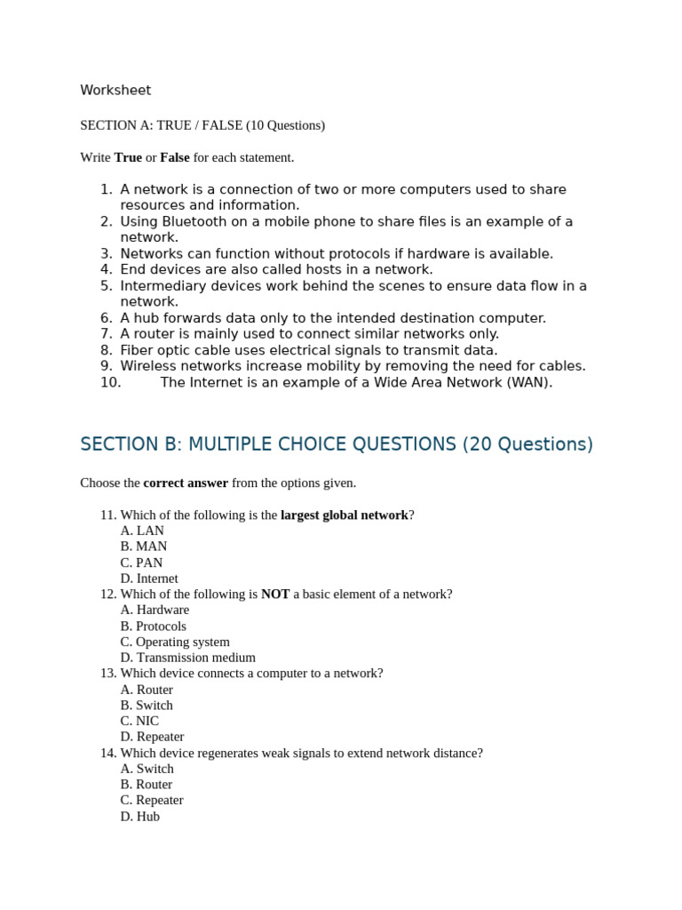 Worksheet | PDF | Computer Network | Network Topology