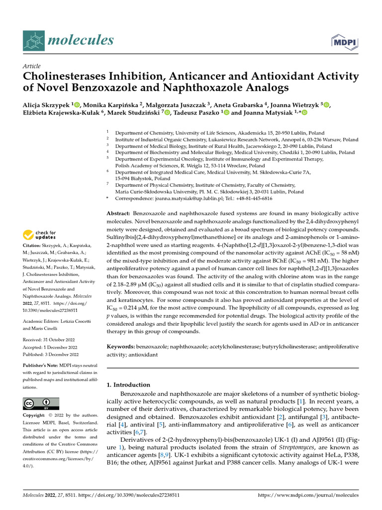 Cholinesterase Inhibitors: Benzoxazole Analogs | PDF | Acetylcholine | Ic50