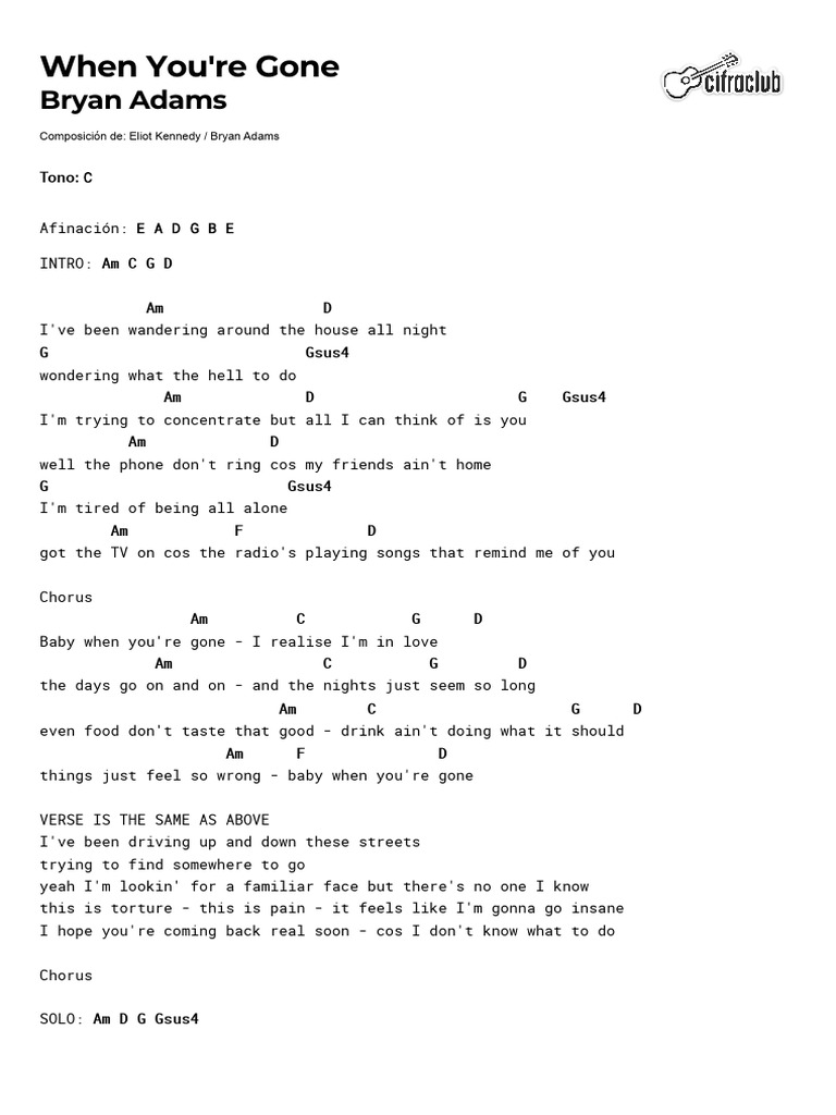 Image result for Bryan Adams "When You're Gone" Lyrics | PDF