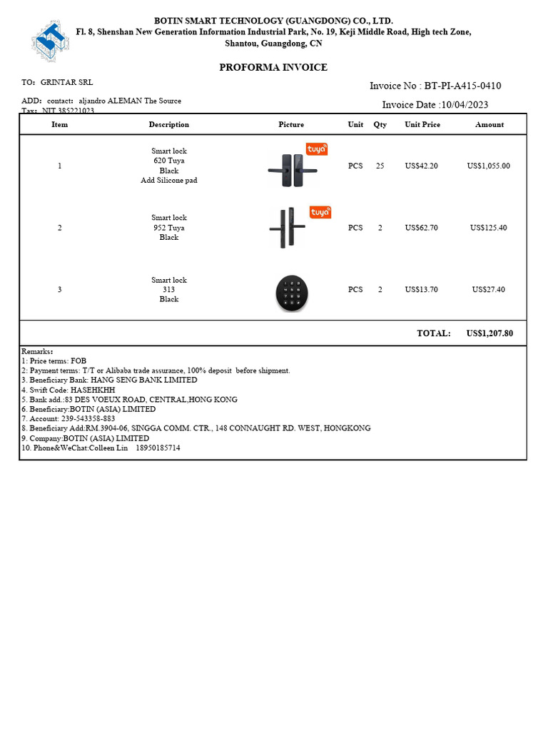 Proforma Invoice for Smart Locks | PDF