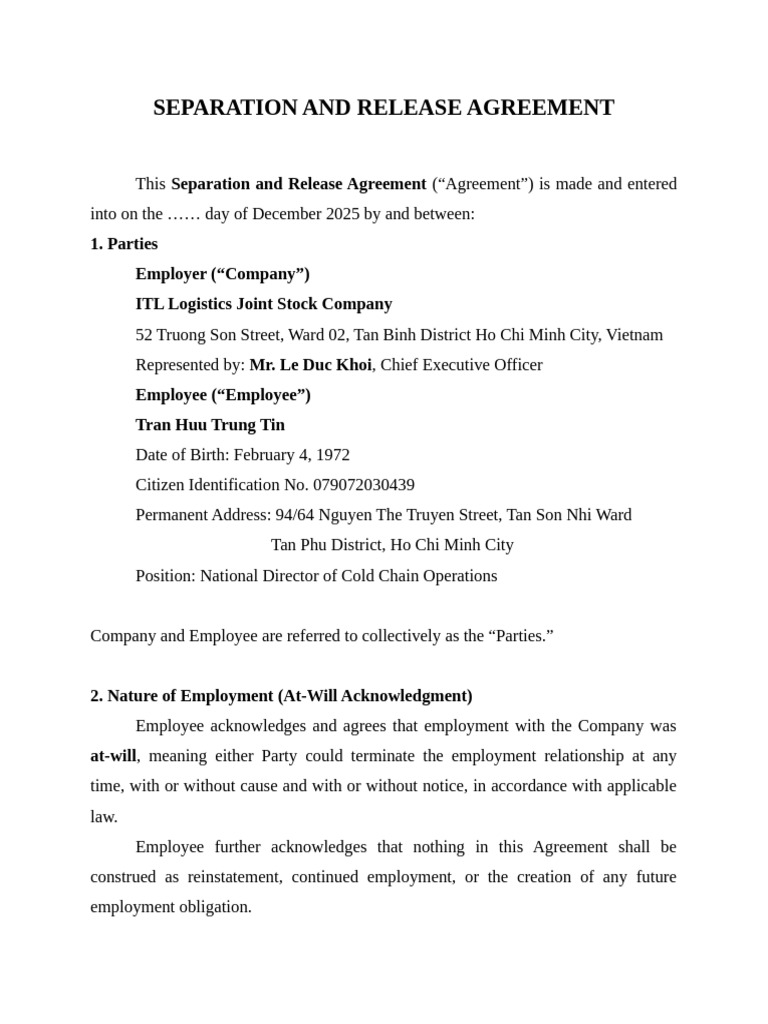 Separation and Release Agreement Template | PDF | Employment ...