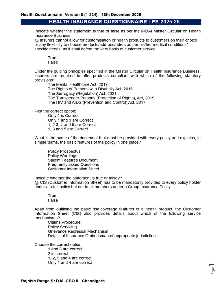 Health Insurance Questionnaire 2025-26 | PDF | Insurance | Financial ...