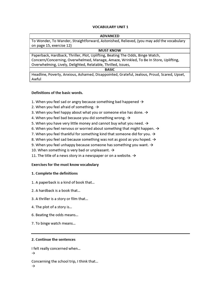 Advanced Vocabulary Unit 1 Guide | PDF