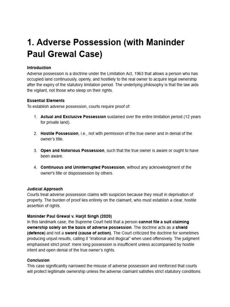Adverse Possession and Legal Rights Overview | PDF | Advocate | Adverse ...