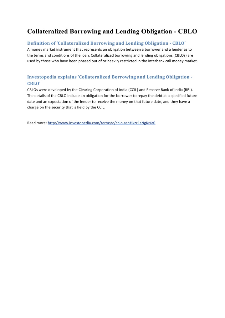 Understanding Collateralized Borrowing (CBLO) | PDF