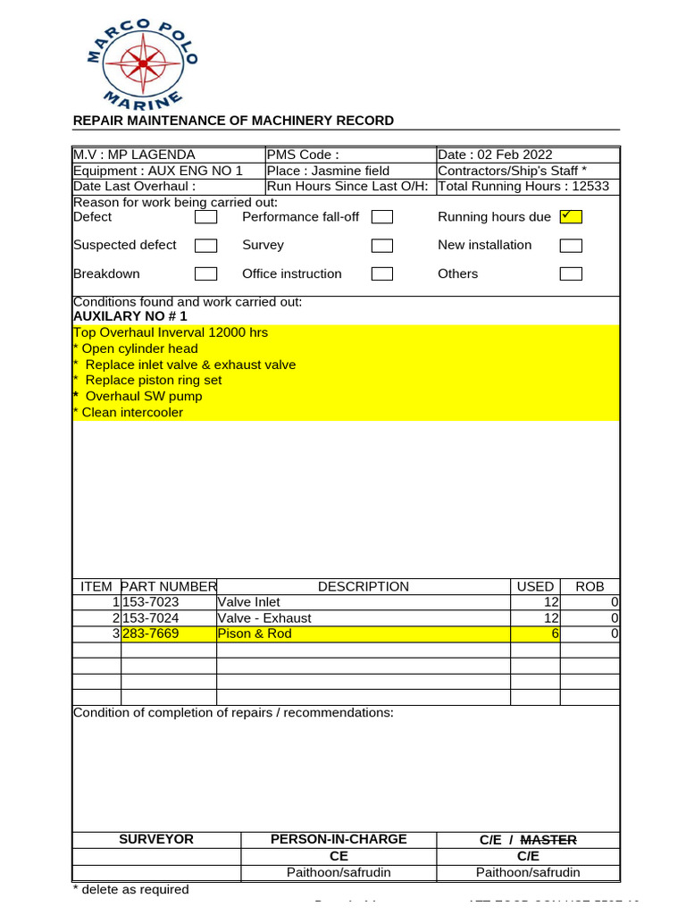 Machinery Repair Maintenance Record | PDF
