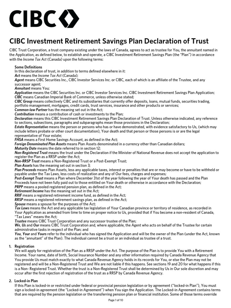 CIBC Retirement Savings Plan Trust Declaration | PDF | Taxation In The ...