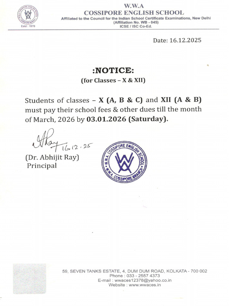 Class - X & XII Fees Clear Notice Before Rehersal Test 2025-2026 | PDF