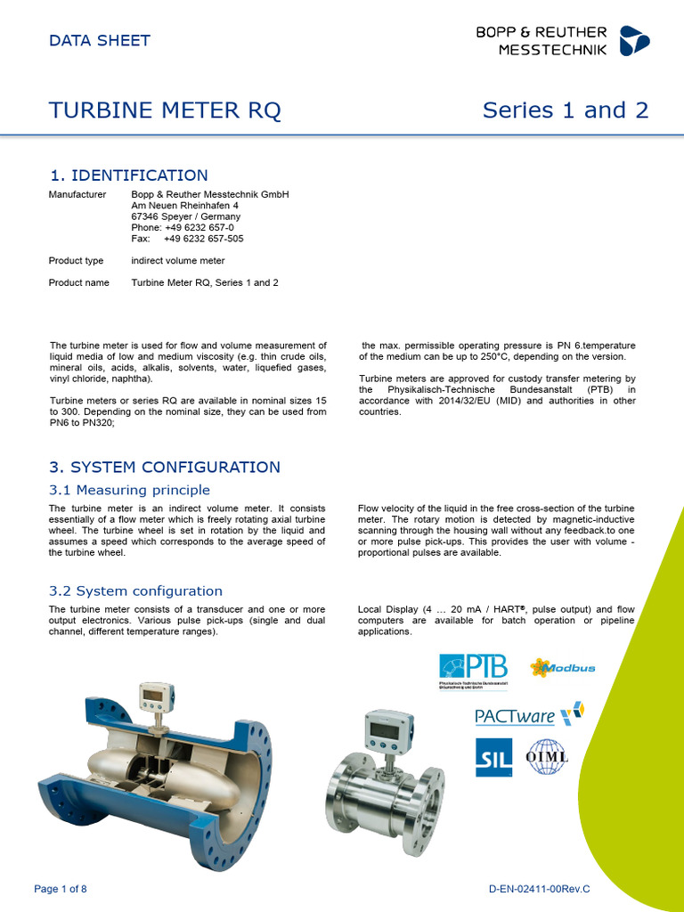 Turbine Meter RQ Series Data Sheet | PDF | Viscosity | Flow Measurement