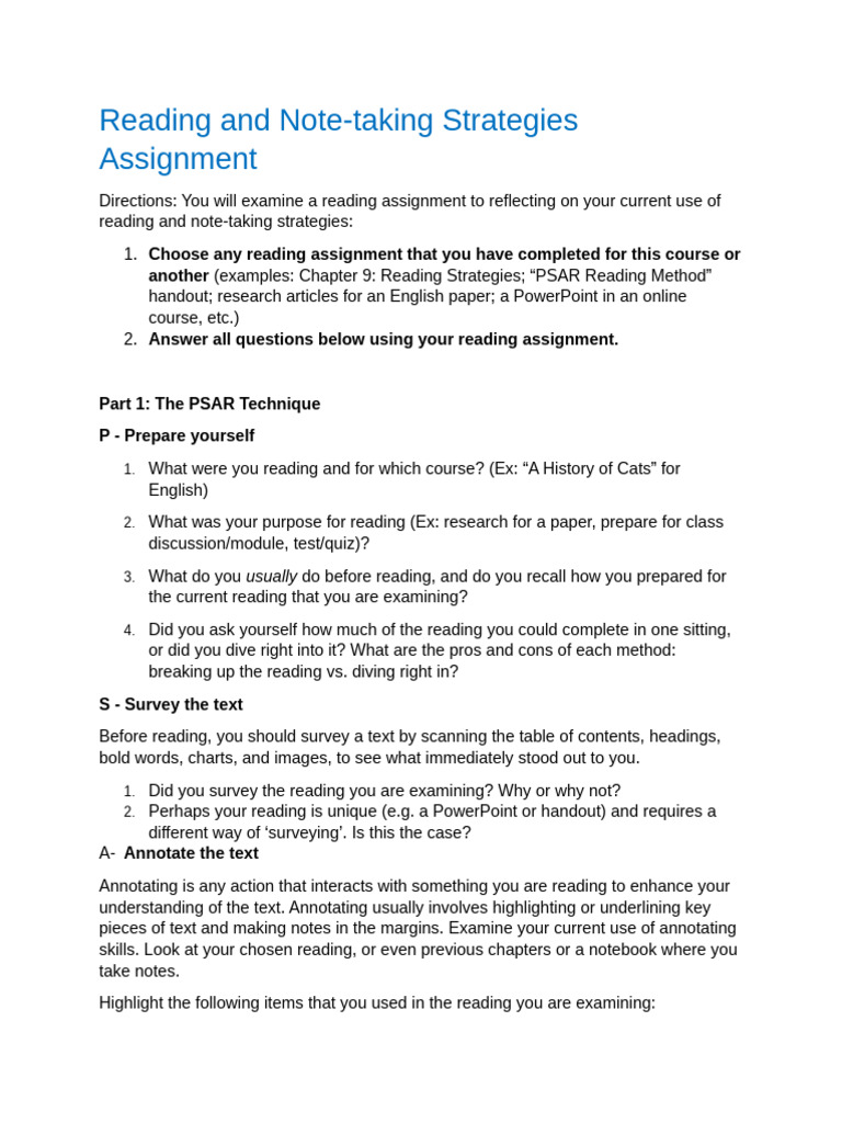 Reading and Note-Taking Skills Assignment | PDF