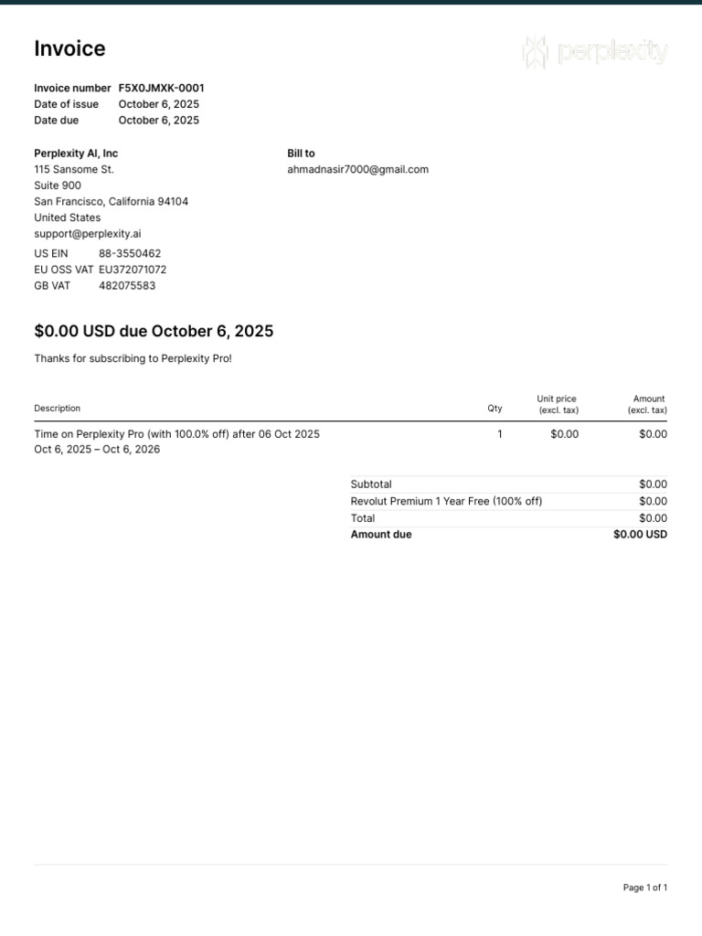 Perplexity Pro Subscription Invoice | PDF