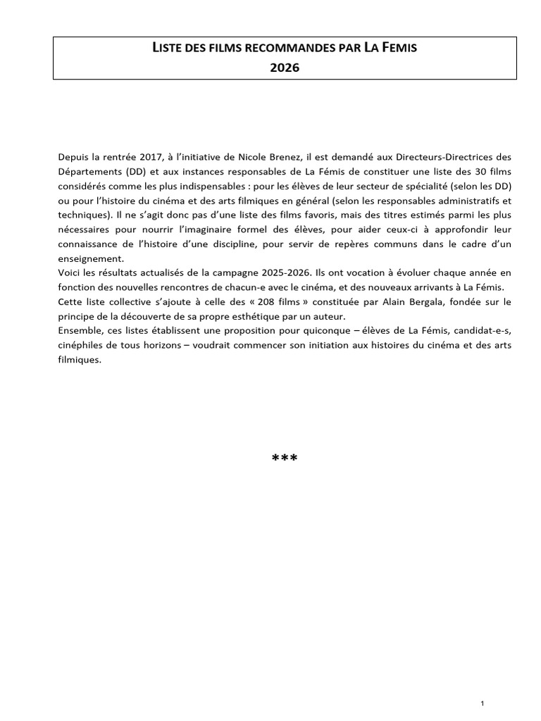 Films Indispensables de La Fémis 2026 | PDF