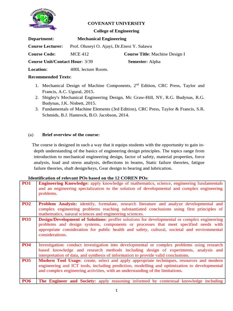 Machine Design I Course Overview | PDF | Engineering | Knowledge