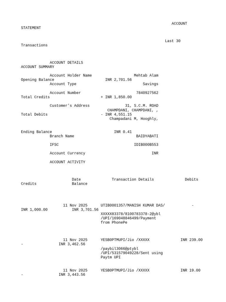 Account Statement: Last 30 Transactions | PDF | Debit Card | E Commerce