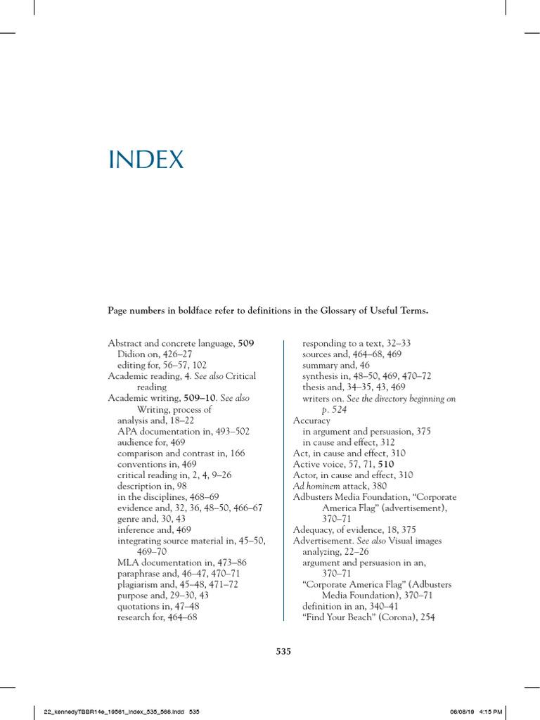 22 kennedyTBBR14e 19561 Index 535 566 | PDF | Apa Style | Essays