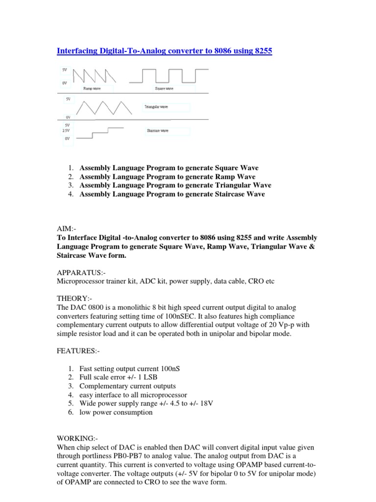 Interfacing DigitalToAnalog Converter To 8086 Using 8255 PDF Digital To Analog Converter