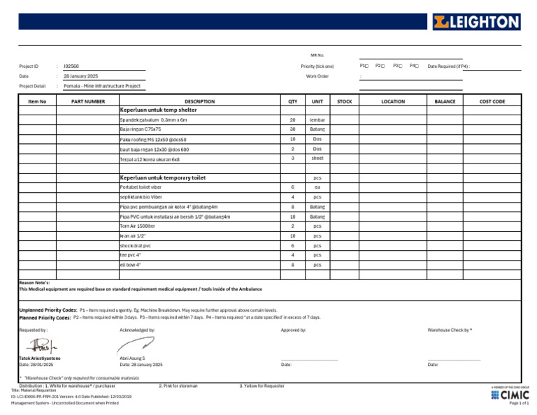Material Requisition for Pomala Project | PDF