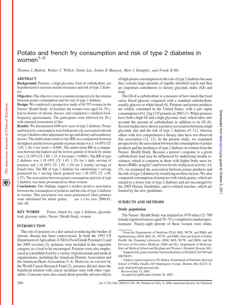 Potato and French Fry Consumption and Risk of Type 2 Diabetes in Women