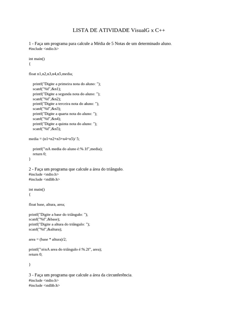 Atividades de Programação em C++ | PDF | Área