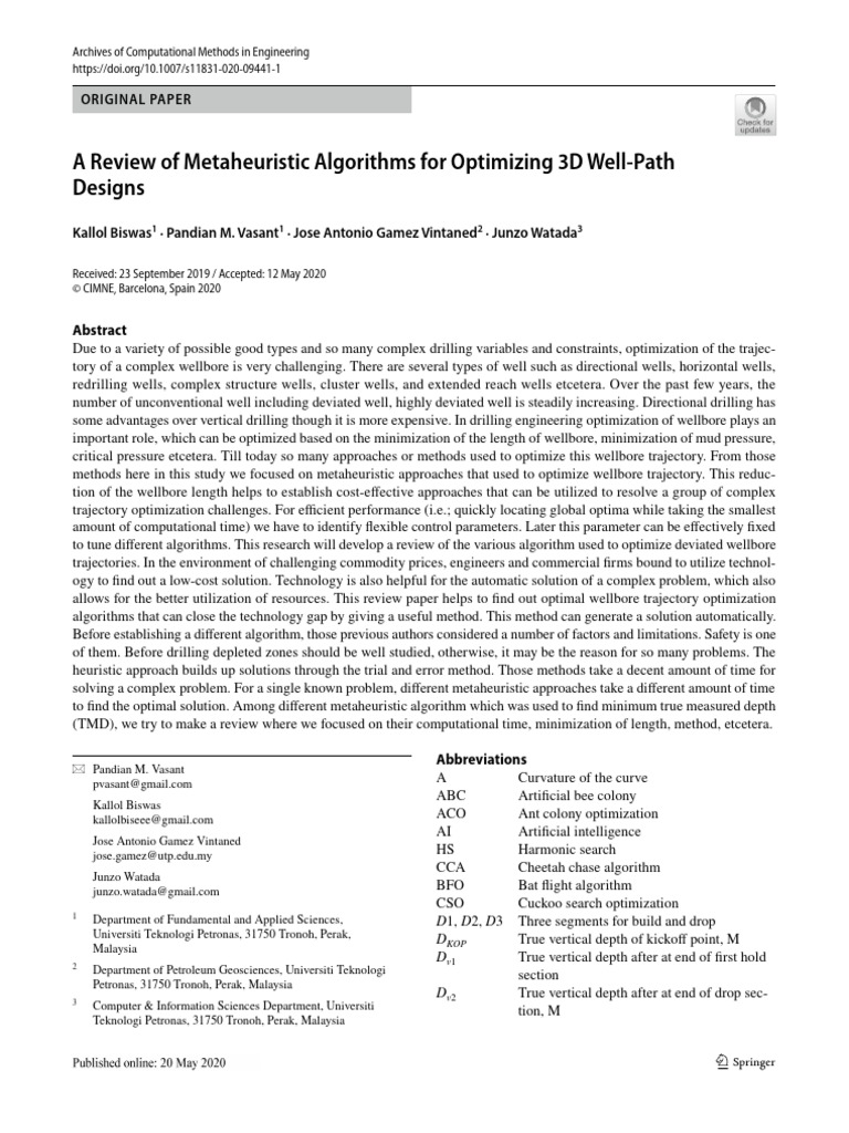 Metaheuristic Algorithms for 3D Well-Path Optimization | PDF ...