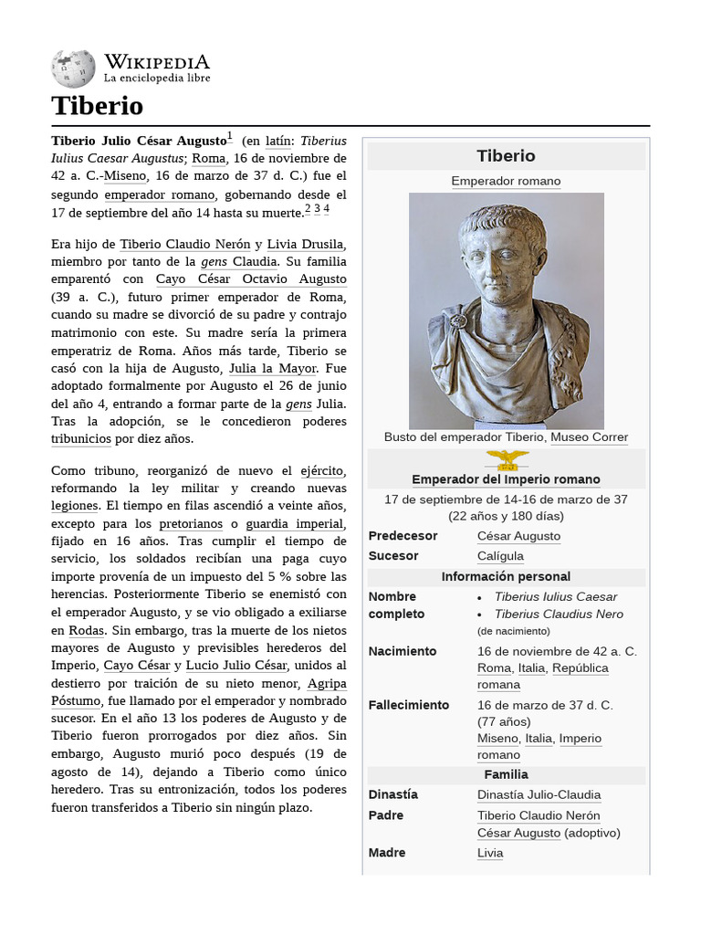 Biografía del Emperador Tiberio | PDF | Augusto | Gobierno del imperio ...