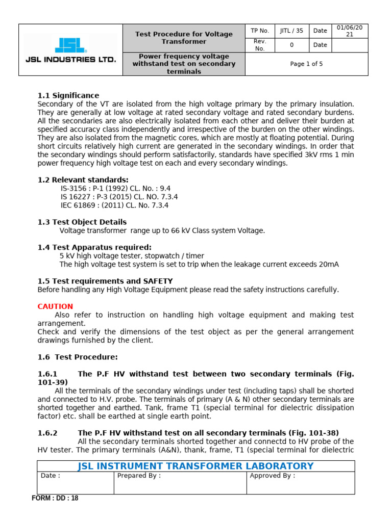 Voltage Transformer Test Procedure | PDF | Transformer | High Voltage