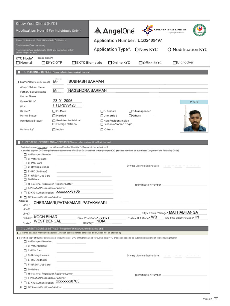KYC Application Form for Angel One | PDF | Identity Document | Stocks