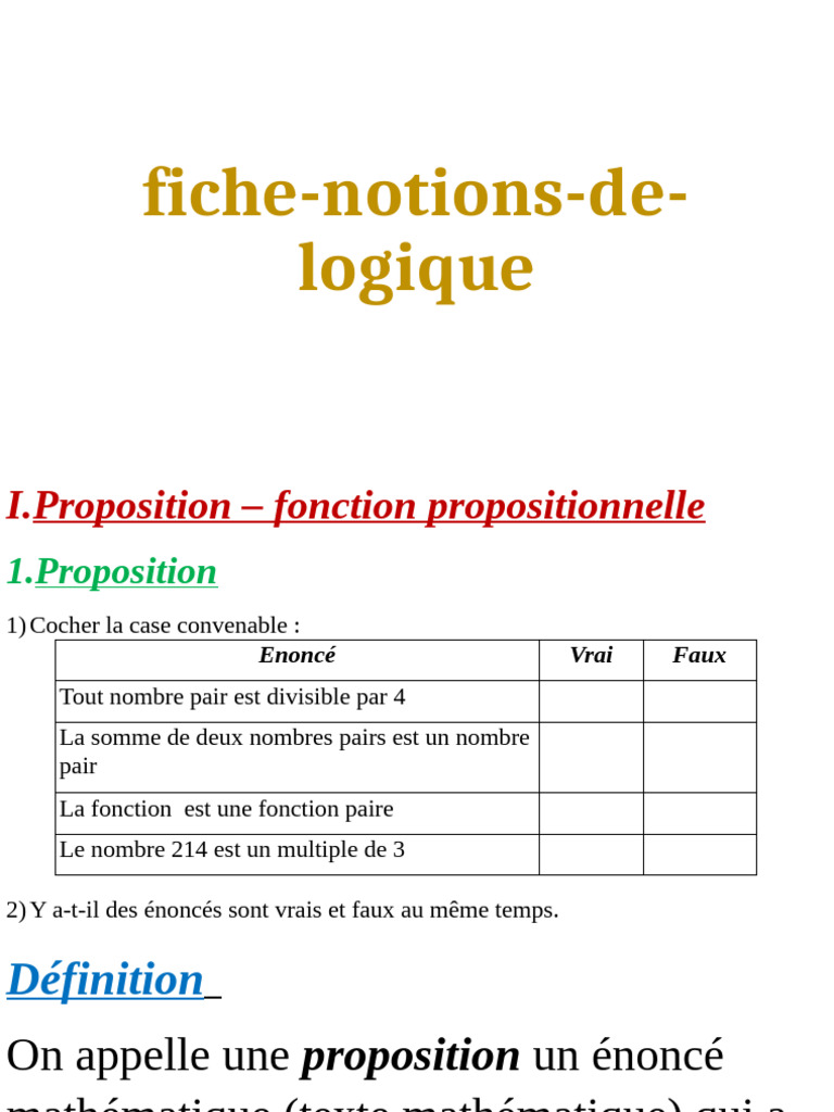 Notions de logique et propositions mathématiques | PDF | Vérité ...