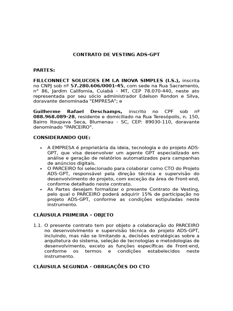 Contrato de Vesting para Projeto ADS-GPT | PDF | Arbitragem | Mediação