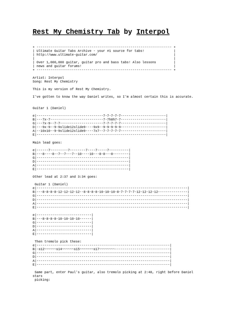 Interpol Rest My Chemistry Tab | PDF | Guitars | Chordophones