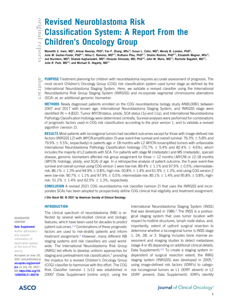 Revised Neuroblastoma Risk Classification System a Report From the ...