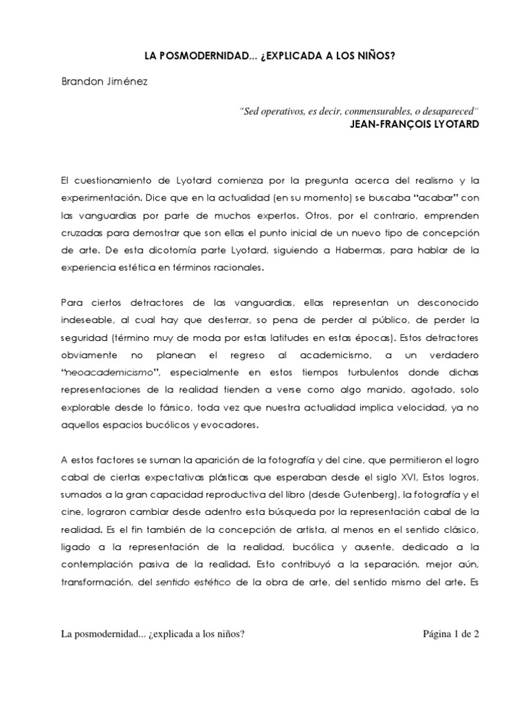 La Posmodernidad explicada A Los Ni os PDF Est tica Vanguardia