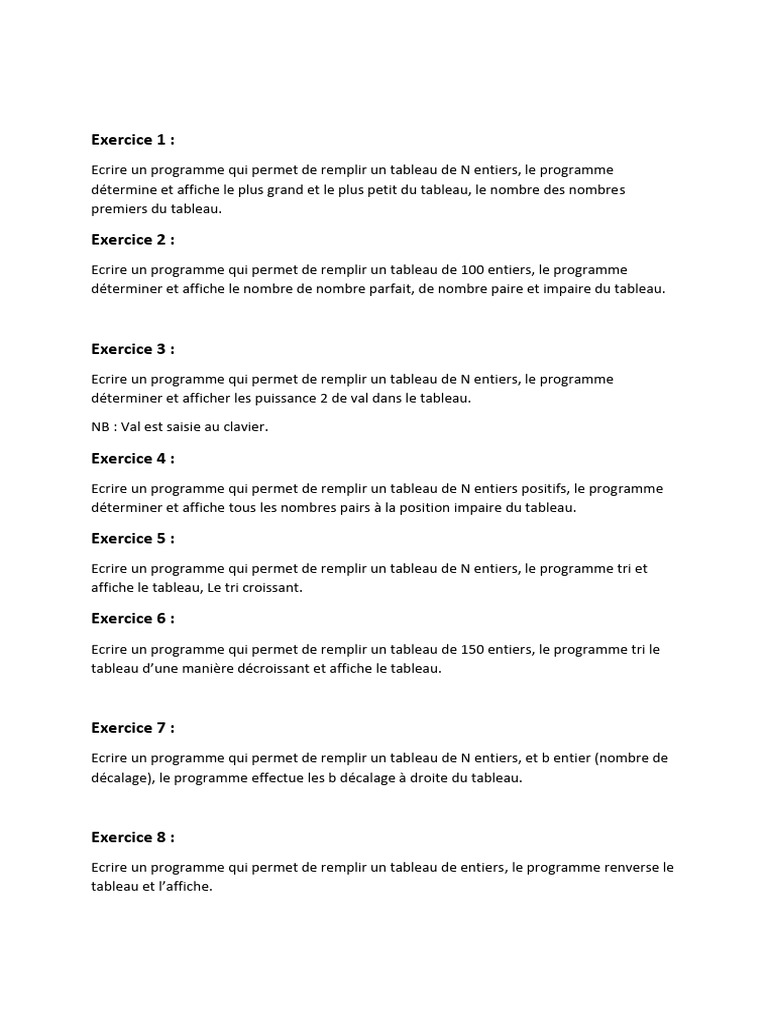 Exercices pratiques sur les tableaux en C | PDF