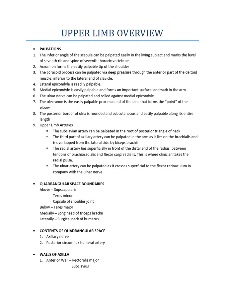 Upper Limb Anatomy and Palpation Guide | PDF | Arm | Thumb