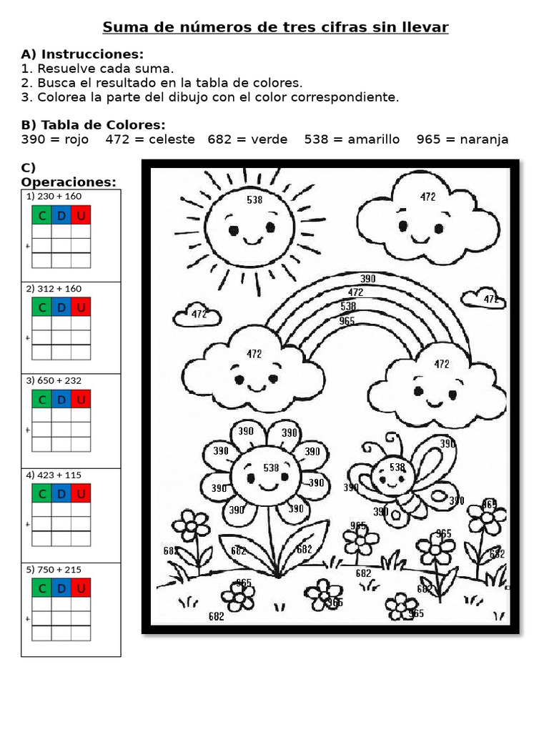 Sumas de tres cifras y coloreo | PDF