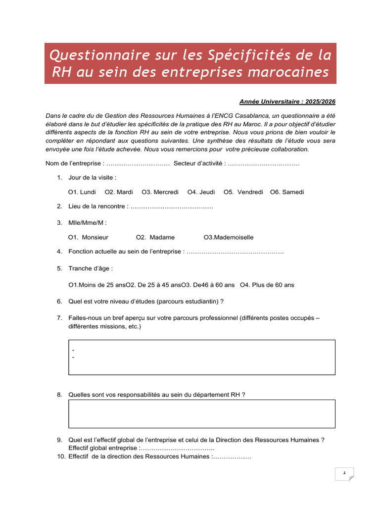 Questionnaire sur les RH au Maroc | PDF | Gestion des ressources ...