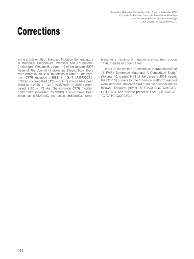 Corrections in Molecular Diagnostics Articles | PDF