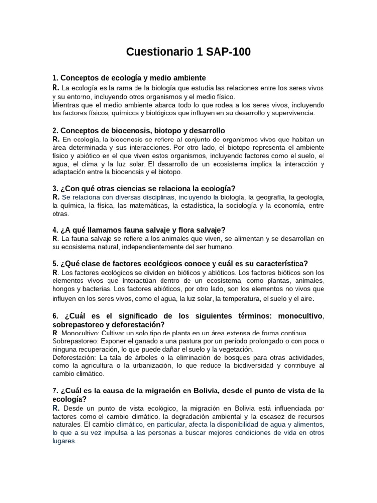 Cuestionario sobre Ecología y Medio Ambiente | PDF | Ecología | Entorno ...