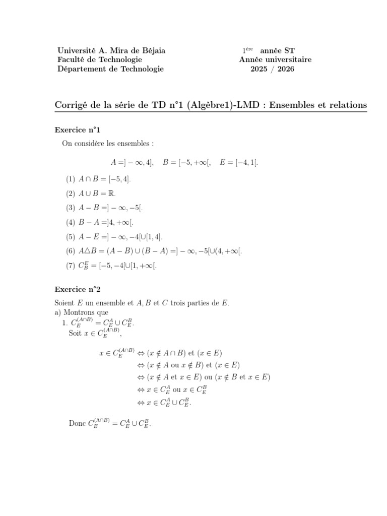 Corrigé TD Algèbre 1 : Ensembles et Relations | PDF | Logique ...