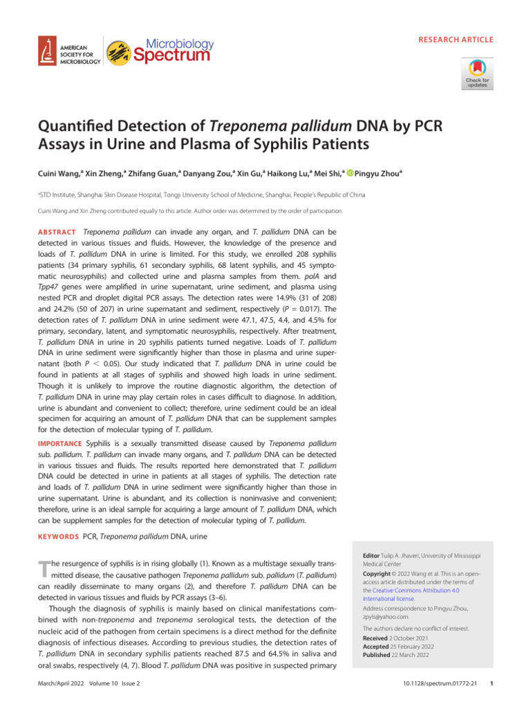 Wang Et Al 2022 Quantified Detection of Treponema Pallidum Dna by Pcr ...