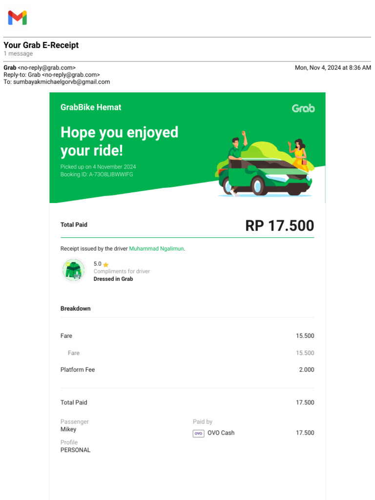 Grab E-Receipt for Ride on Nov 4, 2024 | PDF