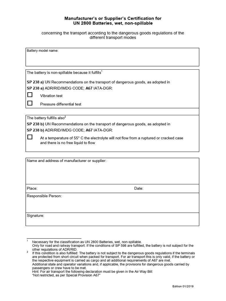 Certification for UN 2800 Non-Spillable Batteries | PDF