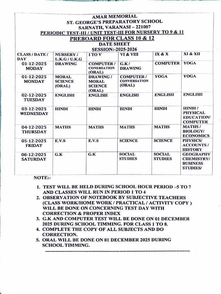 2025-26 St. George's Test Schedule | PDF