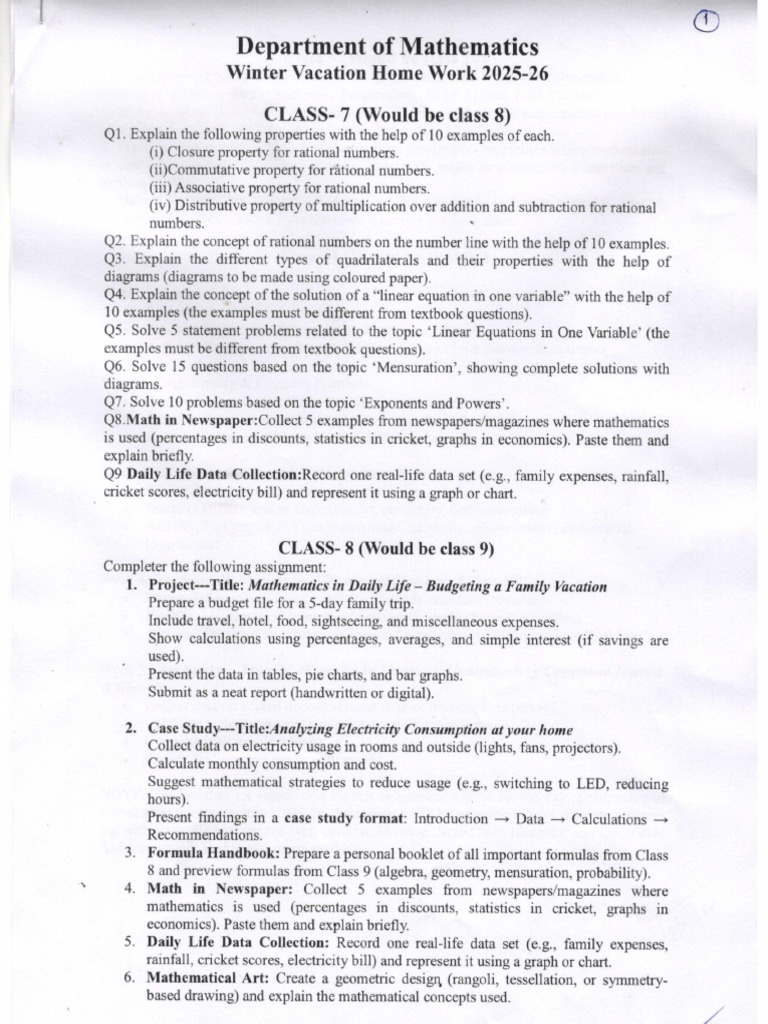 Winter Holyday Homework 2025 | PDF