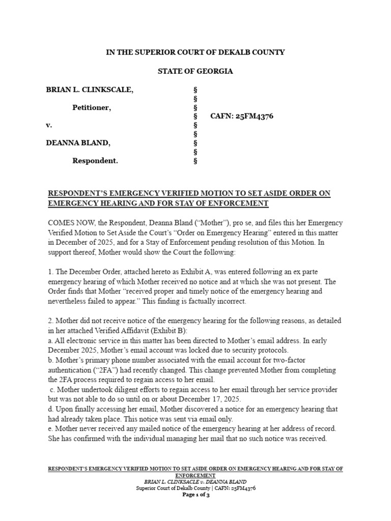 Emergency Motion to Set Aside Custody Order | PDF | Pro Se Legal ...