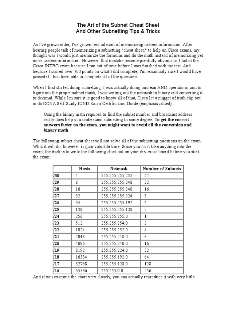 Subnet Cheat Sheet | PDF | Computing And Information Technology ...
