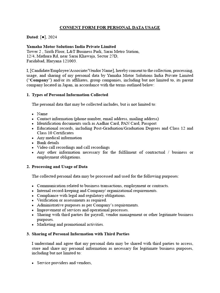 Personal Data Usage Consent Form | PDF | Consent | Information Privacy
