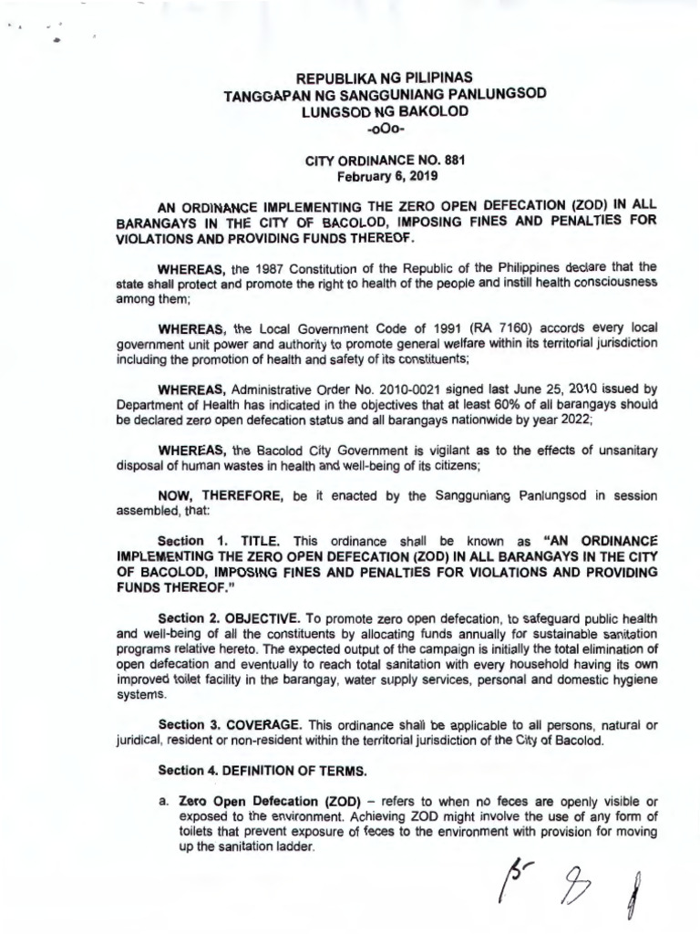 Co-881 Zero Open Defecating Ordinnace | PDF | Local Ordinance | Feces