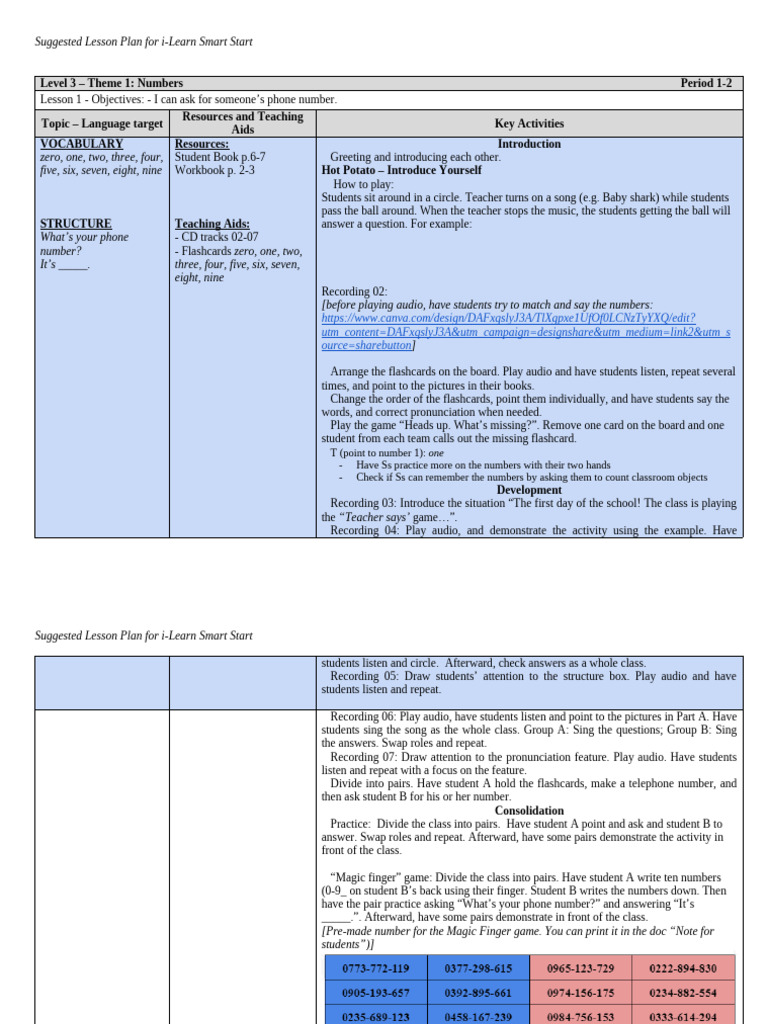 i-Learn Smart Start: Numbers Lesson Plan | PDF | Flashcard | Linguistics