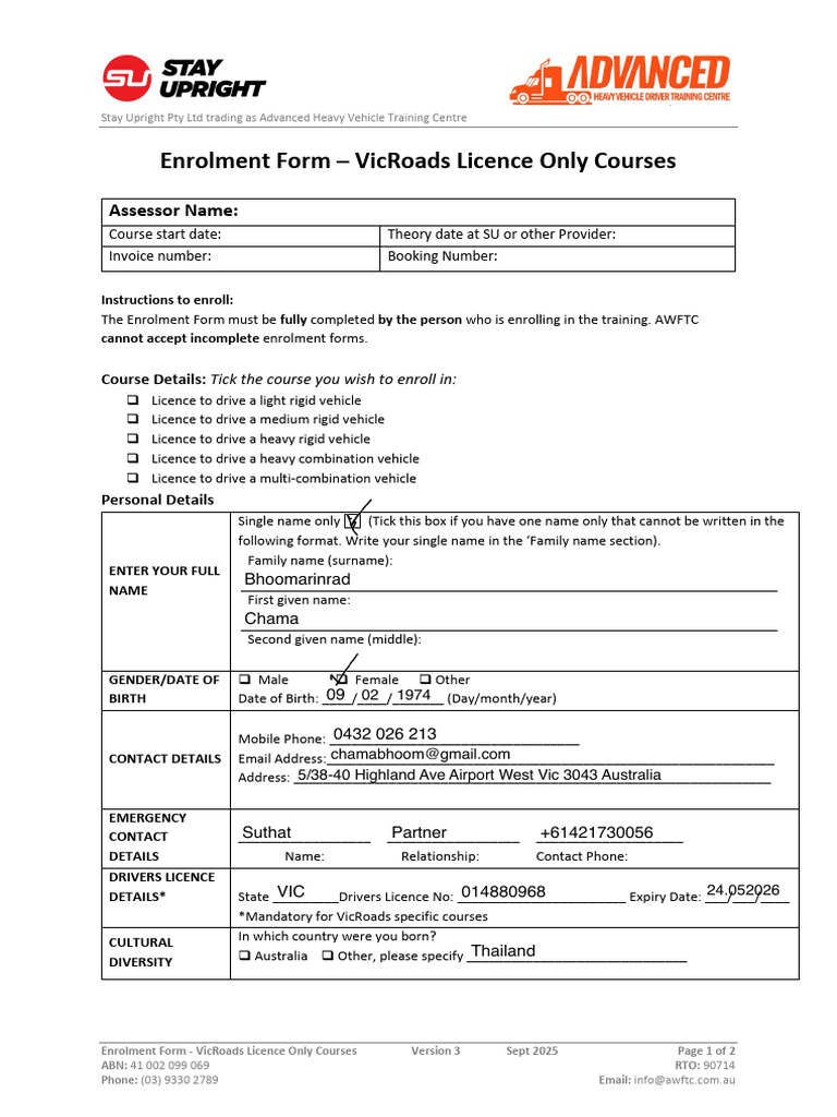 Enrolment Form - Heavy Vehicle Licence Only - V3 - Sept 2025 - Fillable ...